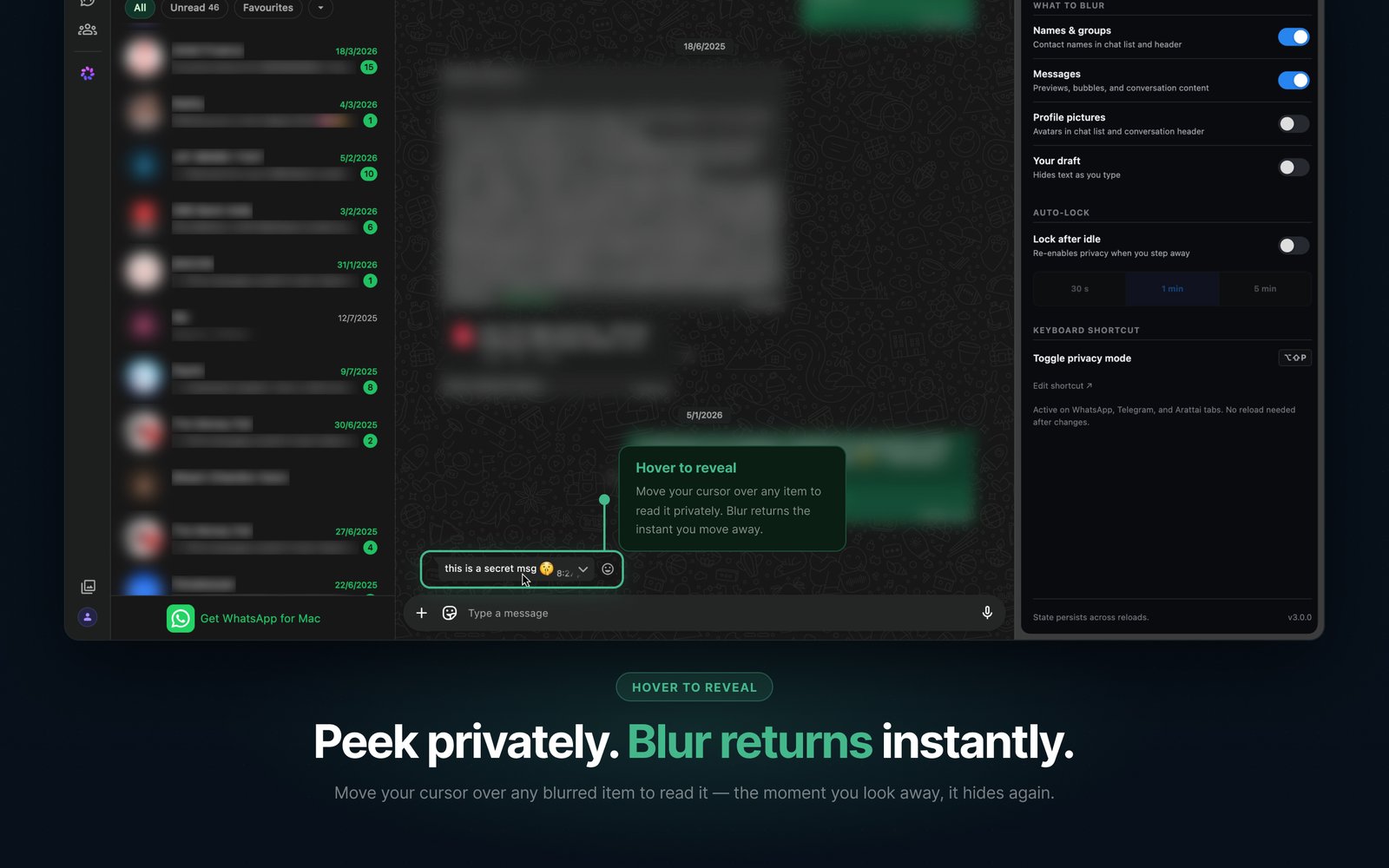 WhatsApp Web with blurred conversations — a hover-to-reveal tooltip appears over a message bubble, temporarily showing its content while the rest of the screen stays blurred
