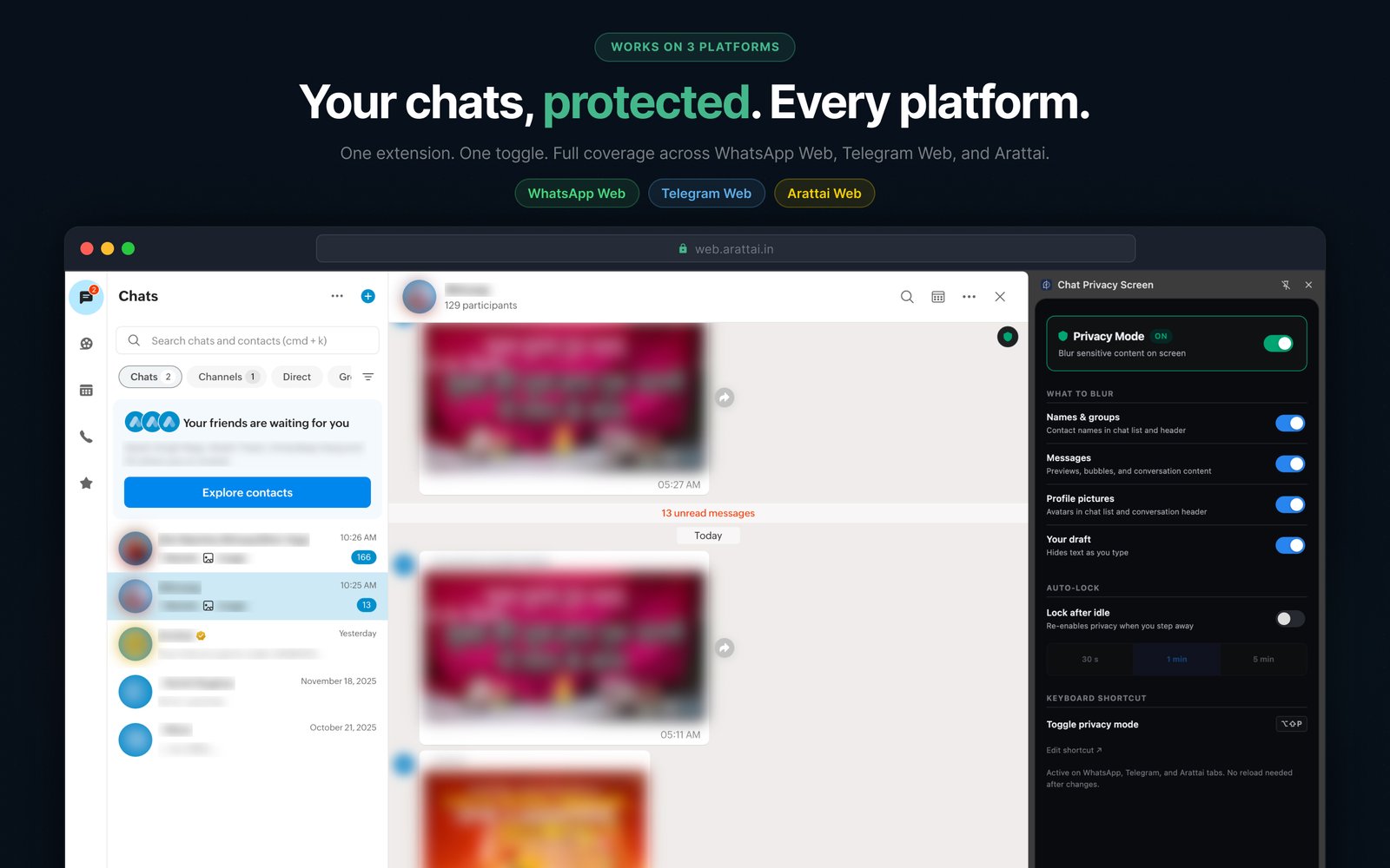 Chat Privacy Screen active on Arattai Web with all blur targets enabled — platform tabs at the top show WhatsApp Web, Telegram Web, and Arattai Web supported simultaneously