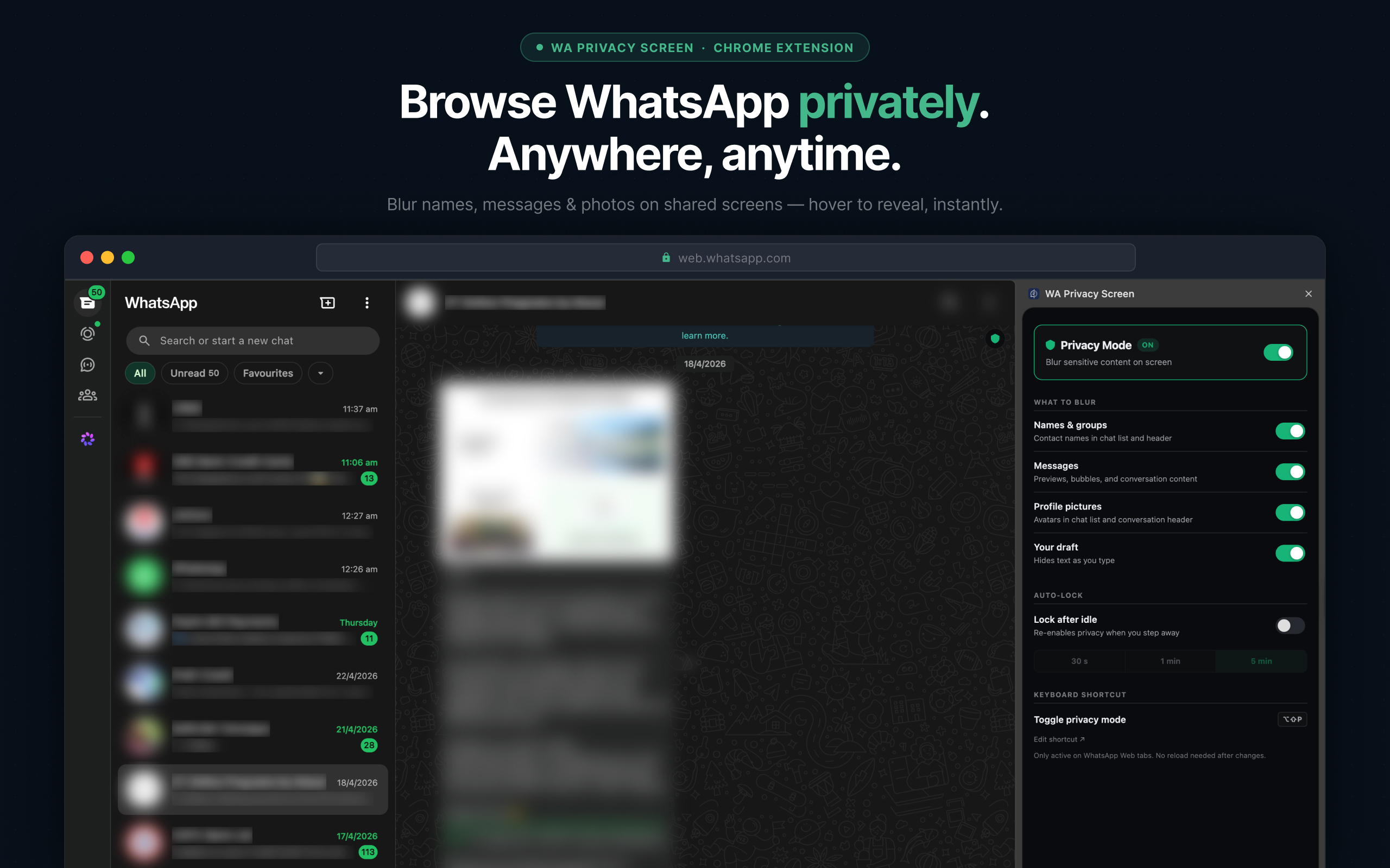 WA Privacy Screen extension with Privacy Mode enabled — WhatsApp Web with blurred contacts, messages, and photos, and the extension side panel open