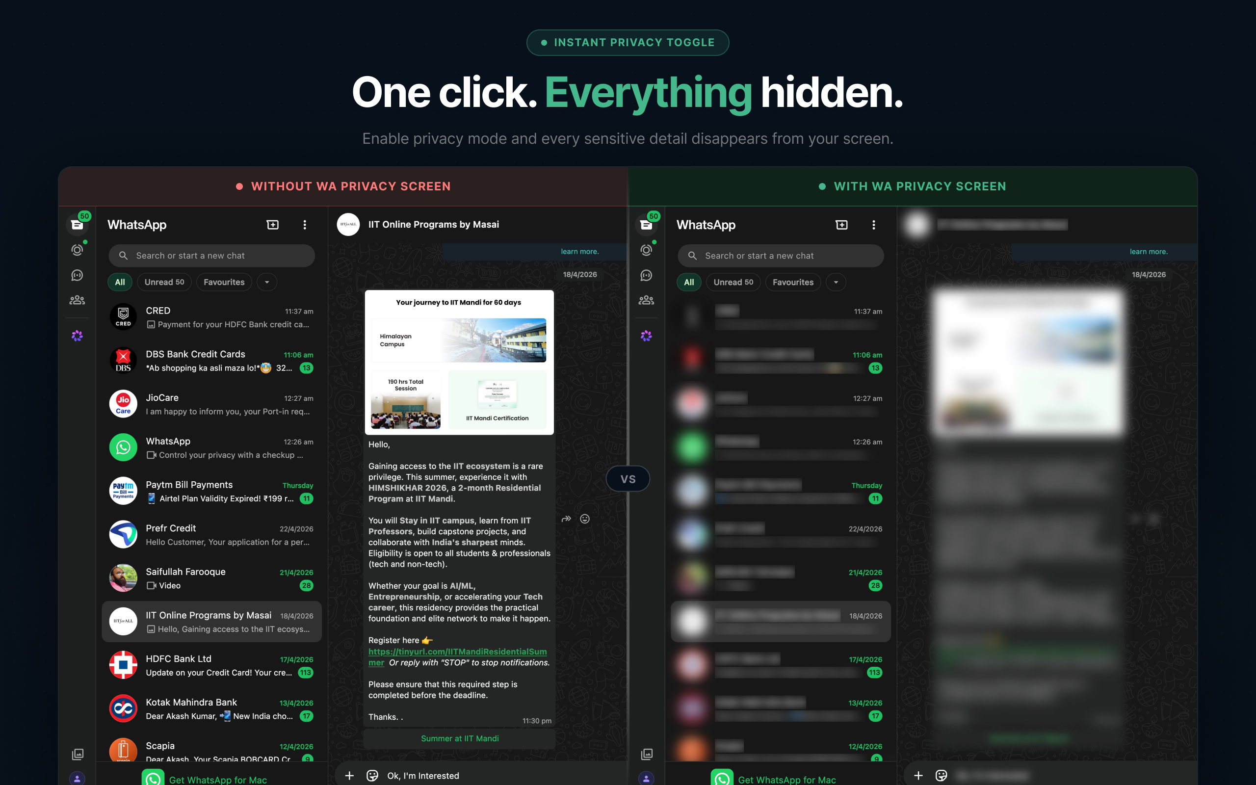 Side-by-side comparison of WhatsApp Web without and with WA Privacy Screen active