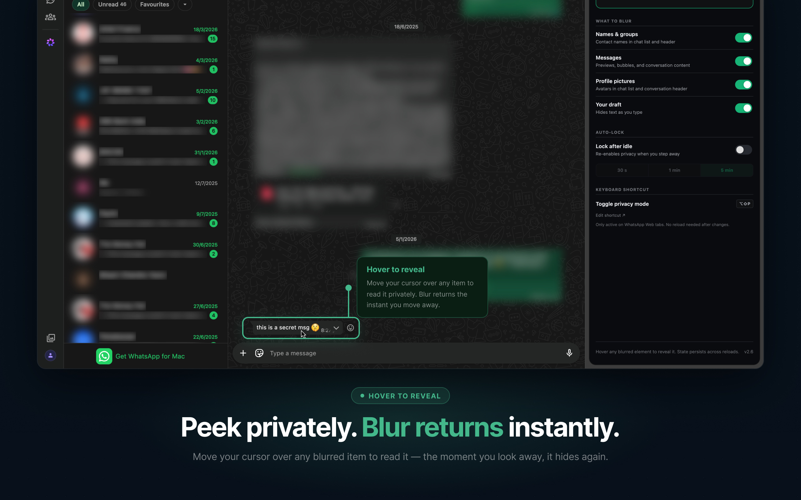 Cursor hovering over a blurred message bubble to reveal its contents temporarily
