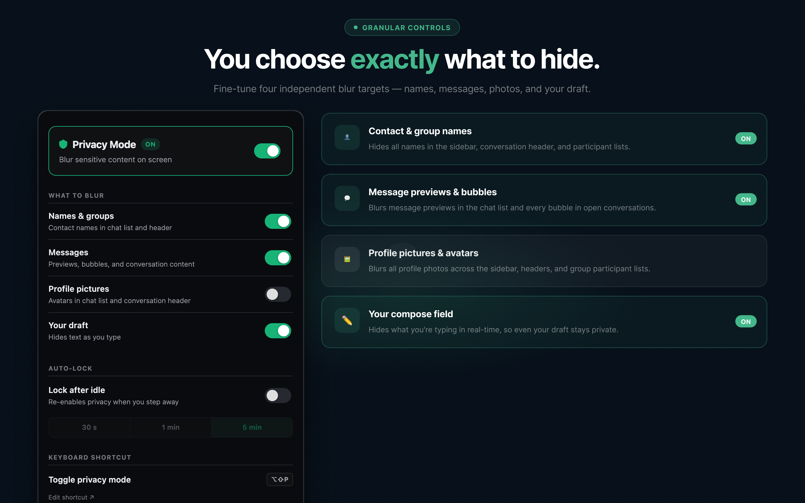 Extension panel showing four independent blur toggles: Names & groups, Messages, Profile pictures, and Your draft